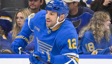 Oct 2, 2025; St. Louis, Missouri, USA; St. Louis Blues left wing Milan Lucic (12) skates against the Ottawa Senators during the second period at Enterprise Center. Mandatory Credit: Jeff Curry-Imagn Images