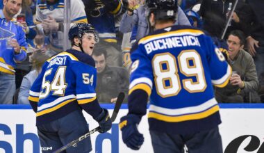 Nov 3, 2025; St. Louis, Missouri, USA; St. Louis Blues right wing Dalibor Dvorsky (54) reacts after scoring his first NHL goal against the Edmonton Oilers during the second period at Enterprise Center. Mandatory Credit: Jeff Curry-Imagn Images
