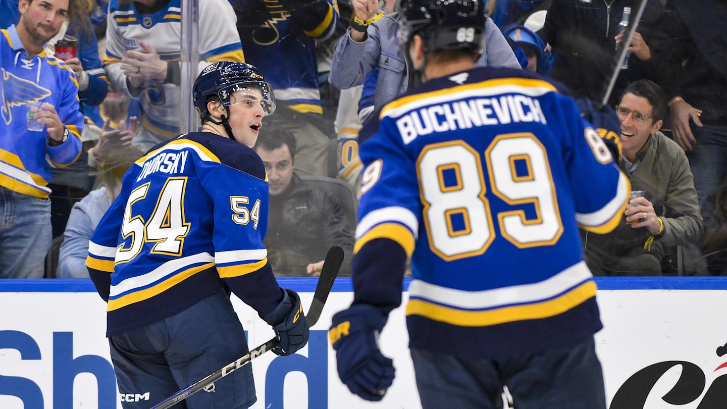 Nov 3, 2025; St. Louis, Missouri, USA; St. Louis Blues right wing Dalibor Dvorsky (54) reacts after scoring his first NHL goal against the Edmonton Oilers during the second period at Enterprise Center. Mandatory Credit: Jeff Curry-Imagn Images