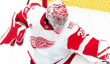 Nov 4, 2025; Las Vegas, Nevada, USA; Detroit Red Wings goaltender John Gibson (36) makes a save against Vegas Golden Knights right wing Reilly Smith (19) during the third period at T-Mobile Arena. Mandatory Credit: Stephen R. Sylvanie-Imagn Images
