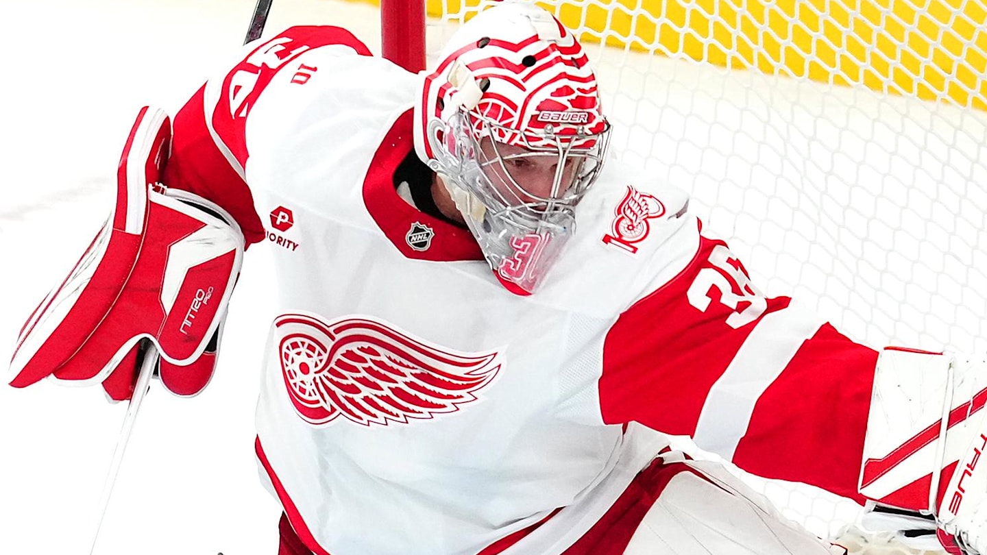 Nov 4, 2025; Las Vegas, Nevada, USA; Detroit Red Wings goaltender John Gibson (36) makes a save against Vegas Golden Knights right wing Reilly Smith (19) during the third period at T-Mobile Arena. Mandatory Credit: Stephen R. Sylvanie-Imagn Images