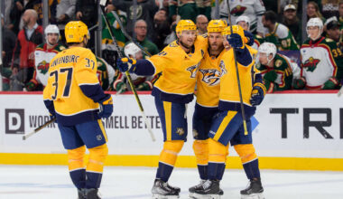 Nov 4, 2025; Saint Paul, Minnesota, USA; Nashville Predators center Steven Stamkos (91) celebrates with teammates after scoring on the Minnesota Wild with just 0.3 seconds left in the third period at Grand Casino Arena. Mandatory Credit: Matt Blewett-Imagn Images
