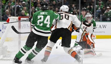 Jan 25, 2024; Dallas, Texas, USA; Dallas Stars defenseman Thomas Harley (55) scores the game winning goal past Anaheim Ducks goaltender John Gibson (36) as Ducks defenseman Jackson LaCombe (60) and Stars center Roope Hintz (24) look on during the overtime period at the American Airlines Center. Mandatory Credit: Jerome Miron-Imagn Images