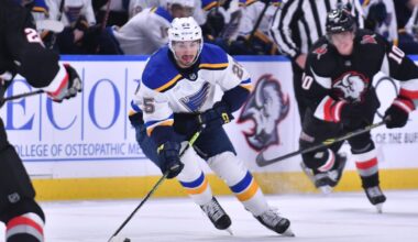 Nov 23, 2022; Buffalo, New York, USA; St. Louis Blues center Jordan Kyrou (25) skates with the puck against the Buffalo Sabres in the third period at KeyBank Center. Mandatory Credit: Mark Konezny-Imagn Images