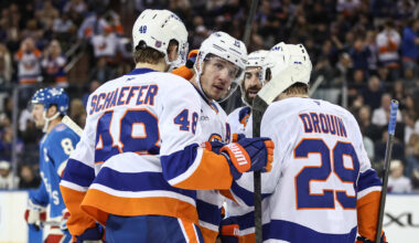 Nov 8, 2025; New York, New York, USA;  New York Islanders center Bo Horvat (14) celebrates with his teammates after his second goal of the game in the second period against the New York Rangers at Madison Square Garden. Mandatory Credit: Wendell Cruz-Imagn Images