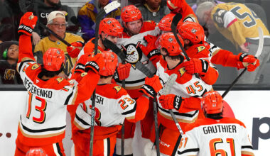 Nov 8, 2025; Las Vegas, Nevada, USA; Anaheim Ducks defenseman Jacob Trouba (65) celebrates with team mates after scoring a goal against the Vegas Golden Knights during an overtime period to give the Ducks a 4-3 victory at T-Mobile Arena. Mandatory Credit: Stephen R. Sylvanie-Imagn Images