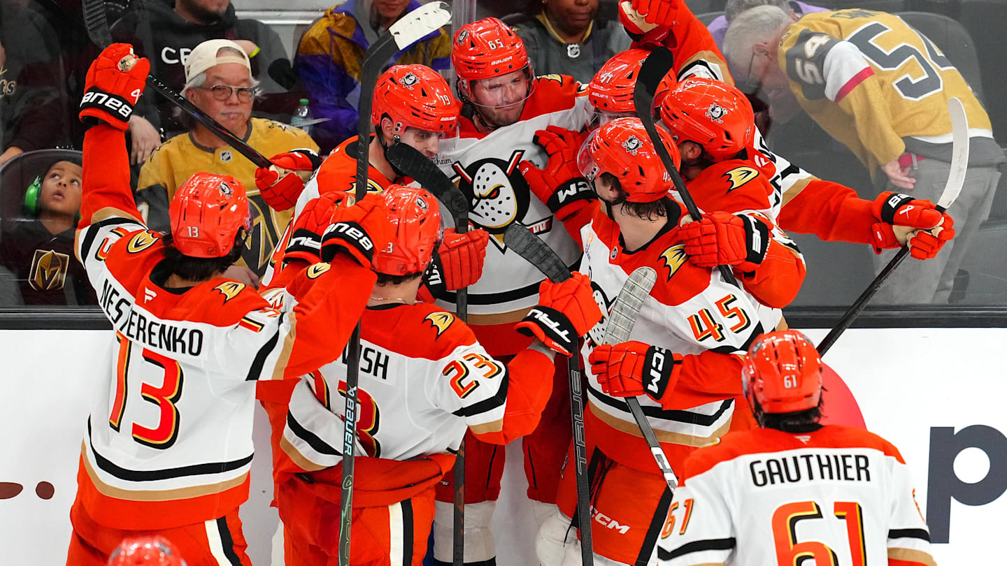 Nov 8, 2025; Las Vegas, Nevada, USA; Anaheim Ducks defenseman Jacob Trouba (65) celebrates with team mates after scoring a goal against the Vegas Golden Knights during an overtime period to give the Ducks a 4-3 victory at T-Mobile Arena. Mandatory Credit: Stephen R. Sylvanie-Imagn Images