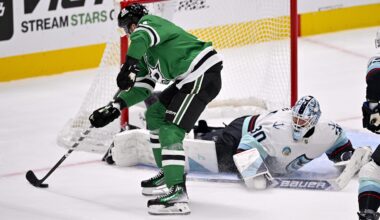 Nov 9, 2025; Dallas, Texas, USA; Dallas Stars center Tyler Seguin (91) scores a goal against Seattle Kraken goaltender Matt Murray (30) during the first period at the American Airlines Center. Mandatory Credit: Jerome Miron-Imagn Images