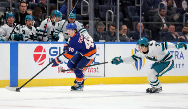 Oct 21, 2025; Elmont, New York, USA; New York Islanders defenseman Matthew Schaefer (48) skates with the puck against San Jose Sharks center Macklin Celebrini (71) during the second period at UBS Arena. Mandatory Credit: Brad Penner-Imagn Images