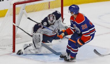 Edmonton forward Jack Roslovic scores the overtime game winner on Blue Jackets goaltender Jet Greaves.