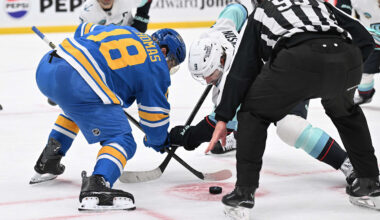 Nov 8, 2025; St. Louis, Missouri, USA; St. Louis Blues center Robert Thomas (18) faces off against Seattle Kraken center Chandler Stephenson (9) in the third period at Enterprise Center. Mandatory Credit: Joe Puetz-Imagn Images