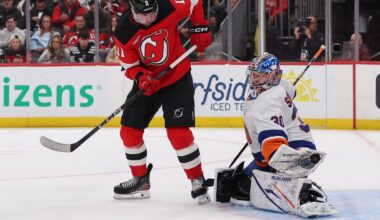 Nov 10, 2025; Newark, New Jersey, USA; New York Islanders goaltender Ilya Sorokin (30) makes a save against the New Jersey Devils during the second period at Prudential Center. Mandatory Credit: Ed Mulholland-Imagn Images