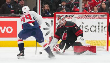 Nov 11, 2025; Raleigh, North Carolina, USA;  Carolina Hurricanes goaltender Frederik Andersen (31) stops the shot attempt by Washington Capitals center Hendrix Lapierre (29) during the first period at Lenovo Center. Mandatory Credit: James Guillory-Imagn Images