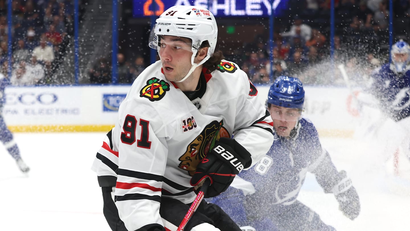 Oct 23, 2025; Tampa, Florida, USA; Chicago Blackhawks center Frank Nazar (91) skate against the Tampa Bay Lightning during the second period at Benchmark International Arena. Mandatory Credit: Kim Klement Neitzel-Imagn Images