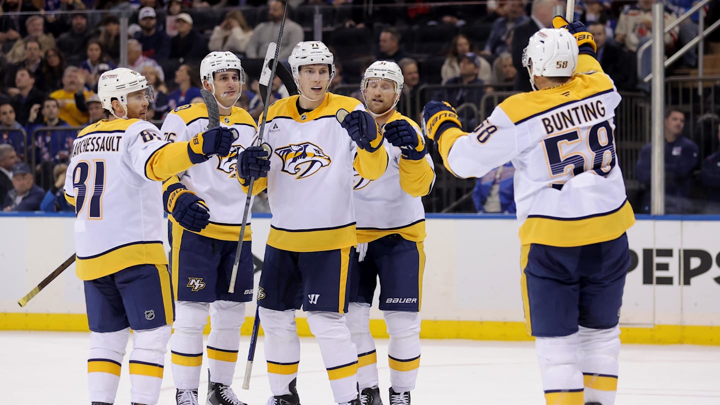 Nov 10, 2025; New York, New York, USA; Nashville Predators right wing Matthew Wood (71) celebrates his goal against the New York Rangers with teammates during the first period at Madison Square Garden. Mandatory Credit: Brad Penner-Imagn Images