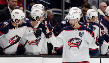 Blue Jackets center Adam Fantilli celebrates a goal with the bench.