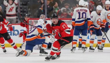 Nov 10, 2025; Newark, New Jersey, USA; New Jersey Devils defenseman Simon Nemec (17) celebrates his goal against the New York Islanders during the third period at Prudential Center. Mandatory Credit: Ed Mulholland-Imagn Images