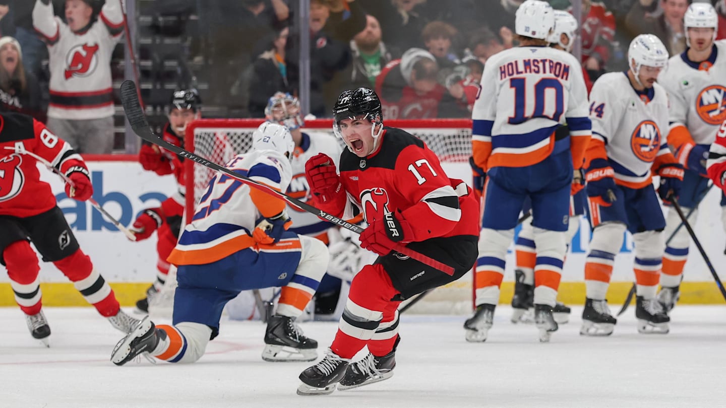 Nov 10, 2025; Newark, New Jersey, USA; New Jersey Devils defenseman Simon Nemec (17) celebrates his goal against the New York Islanders during the third period at Prudential Center. Mandatory Credit: Ed Mulholland-Imagn Images