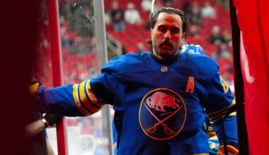 Nov 8, 2025; Raleigh, North Carolina, USA;  Buffalo Sabres right wing Alex Tuch (89) comes off the ice after the warmups before the game against the Carolina Hurricanes at Lenovo Center. Mandatory Credit: James Guillory-Imagn Images
