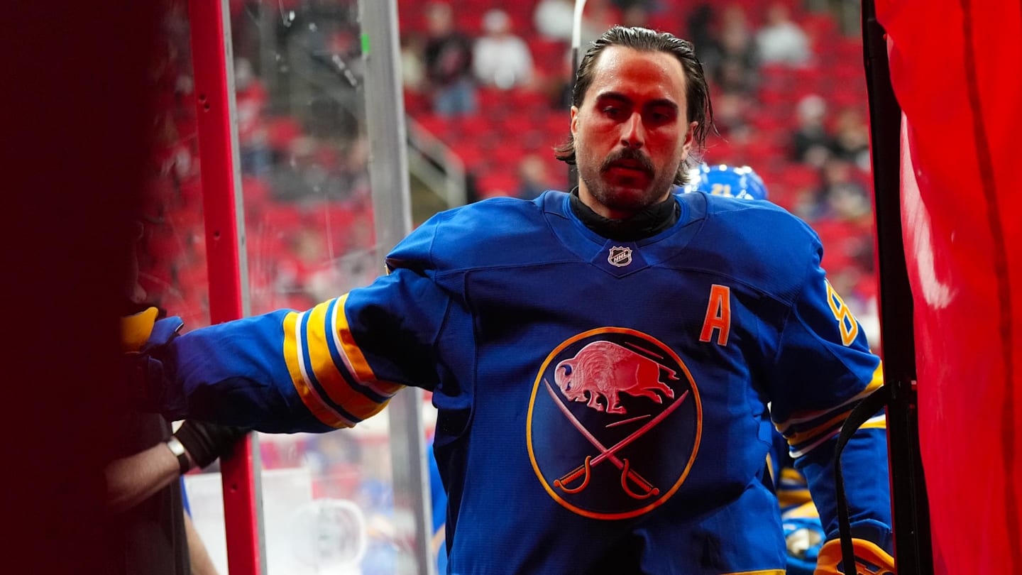 Nov 8, 2025; Raleigh, North Carolina, USA;  Buffalo Sabres right wing Alex Tuch (89) comes off the ice after the warmups before the game against the Carolina Hurricanes at Lenovo Center. Mandatory Credit: James Guillory-Imagn Images