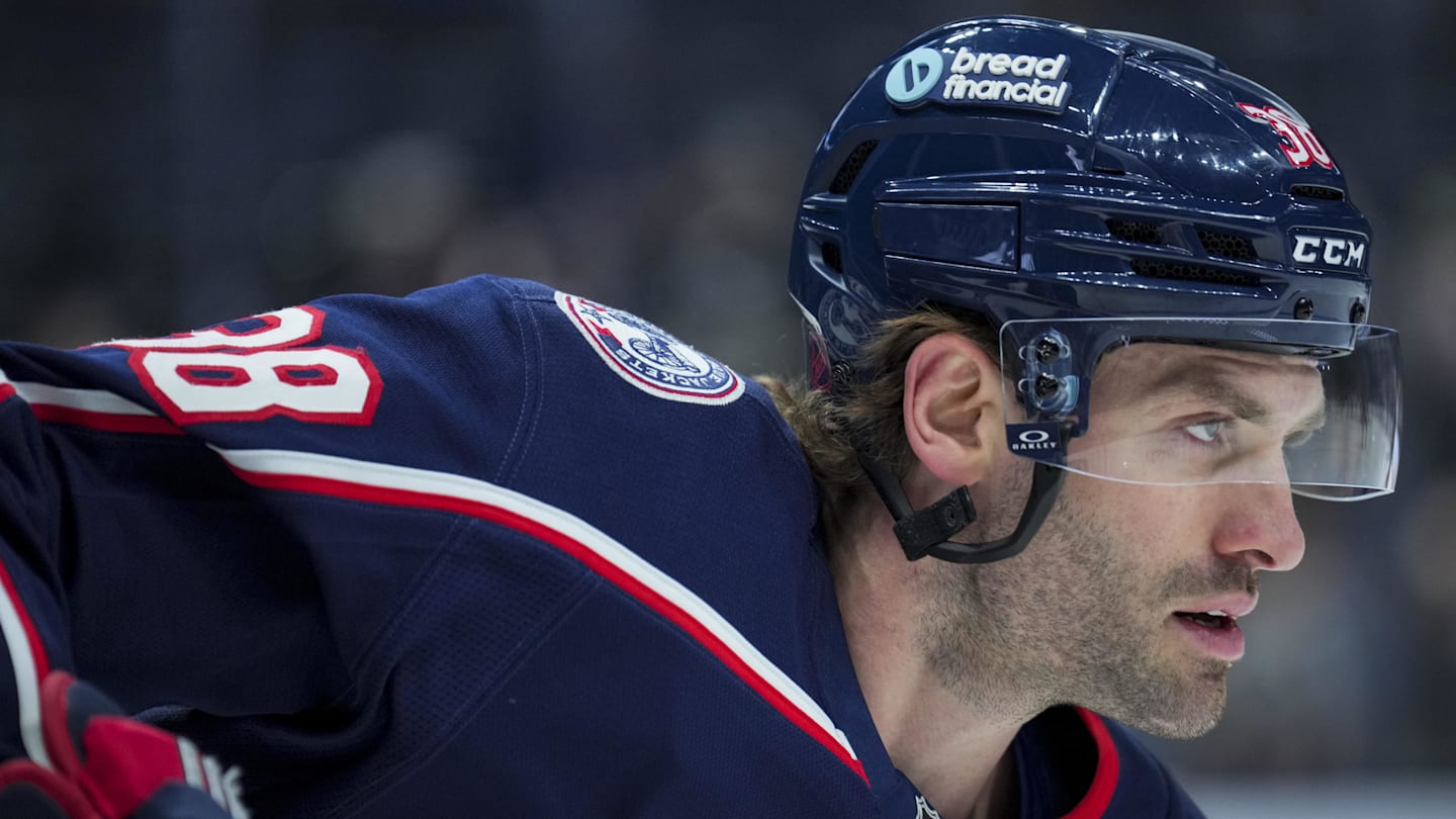 Boone Jenner skates around during warmups at Nationwide Arena