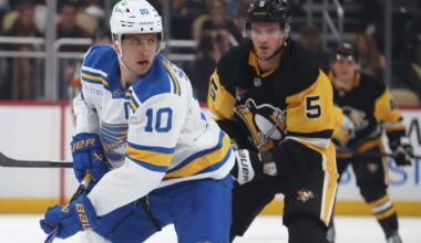 Oct 27, 2025; Pittsburgh, Pennsylvania, USA; St. Louis Blues center Brayden Schenn (10) skates with the puck ahead of Pittsburgh Penguins defenseman Ryan Shea (5) during the third period at PPG Paints Arena. Mandatory Credit: Charles LeClaire-Imagn Images