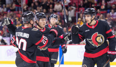 Nov 13, 2025; Ottawa, Ontario, CAN; Ottawa Senators center Dylan Cozens (24) celebrates with left wing Fabian Zetterlund (20) and defenseman Jordan Spence (10) after scoring in the first period against the Boston Bruins at the Canadian Tire Centre. Mandatory Credit: Marc DesRosiers-IMAGN Images