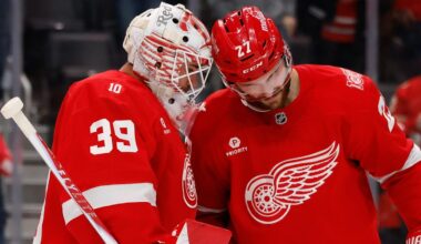Nov 13, 2025; Detroit, Michigan, USA;  Detroit Red Wings goaltender Cam Talbot (39) and center Michael Rasmussen (27) celebrate after defeating the Anaheim Ducks at Little Caesars Arena. Mandatory Credit: Rick Osentoski-Imagn Images