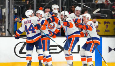 Nov 13, 2025; Las Vegas, Nevada, USA; New York Islanders center Jean-Gabriel Pageau (44) celebrates with team mates after scoring a short-handed goal against the Vegas Golden Knights during an overtime period to give the Islanders a 4-3 victory at T-Mobile Arena. Mandatory Credit: Stephen R. Sylvanie-Imagn Images