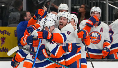 Nov 13, 2025; Las Vegas, Nevada, USA; New York Islanders center Jean-Gabriel Pageau (44) celebrates with team mates after scoring a short-handed goal against the Vegas Golden Knights during an overtime period to give the Islanders a 4-3 victory at T-Mobile Arena. Mandatory Credit: Stephen R. Sylvanie-Imagn Images