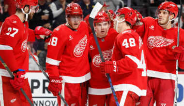 Nov 13, 2025; Detroit, Michigan, USA;  Detroit Red Wings defenseman Axel Sandin-Pellikka (44) receives congratulations from teammates after scoring in the second period against the Anaheim Ducks at Little Caesars Arena. Mandatory Credit: Rick Osentoski-Imagn Images