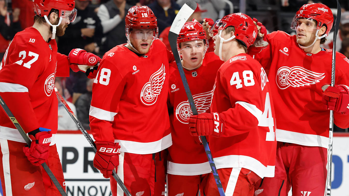 Nov 13, 2025; Detroit, Michigan, USA;  Detroit Red Wings defenseman Axel Sandin-Pellikka (44) receives congratulations from teammates after scoring in the second period against the Anaheim Ducks at Little Caesars Arena. Mandatory Credit: Rick Osentoski-Imagn Images