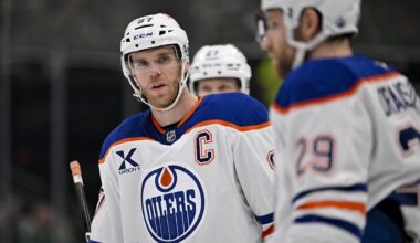 Nov 4, 2025; Dallas, Texas, USA; Edmonton Oilers center Connor McDavid (97) and center Leon Draisaitl (29) prepare to go on the power play against the Dallas Stars during the first period at the American Airlines Center. Mandatory Credit: Jerome Miron-Imagn Images
