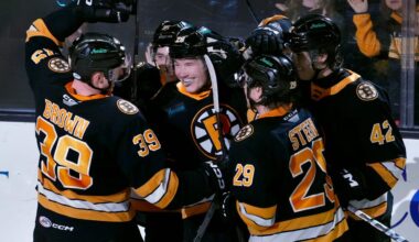 The celebrate Providence Bruins a second period score by teammate Providence forward Jimmy Lambert.