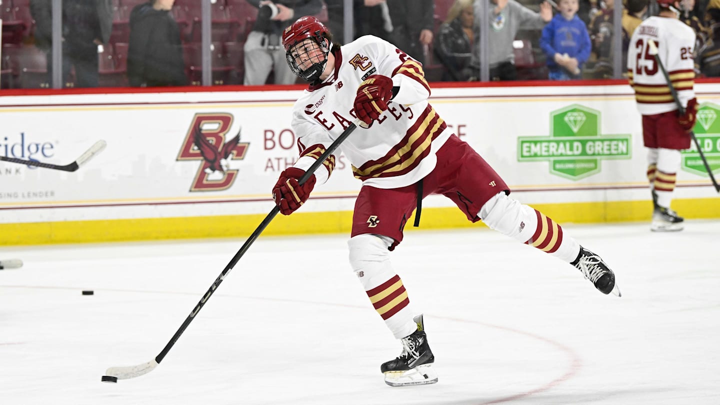 Feb 28, 2025; Chestnut Hill, MA, USA; Boston College forward Dean Letourneau (20) warms up before a game against the University of New Hampshire Wildcats at Conte Forum. Mandatory Credit: Eric Canha-Imagn Images