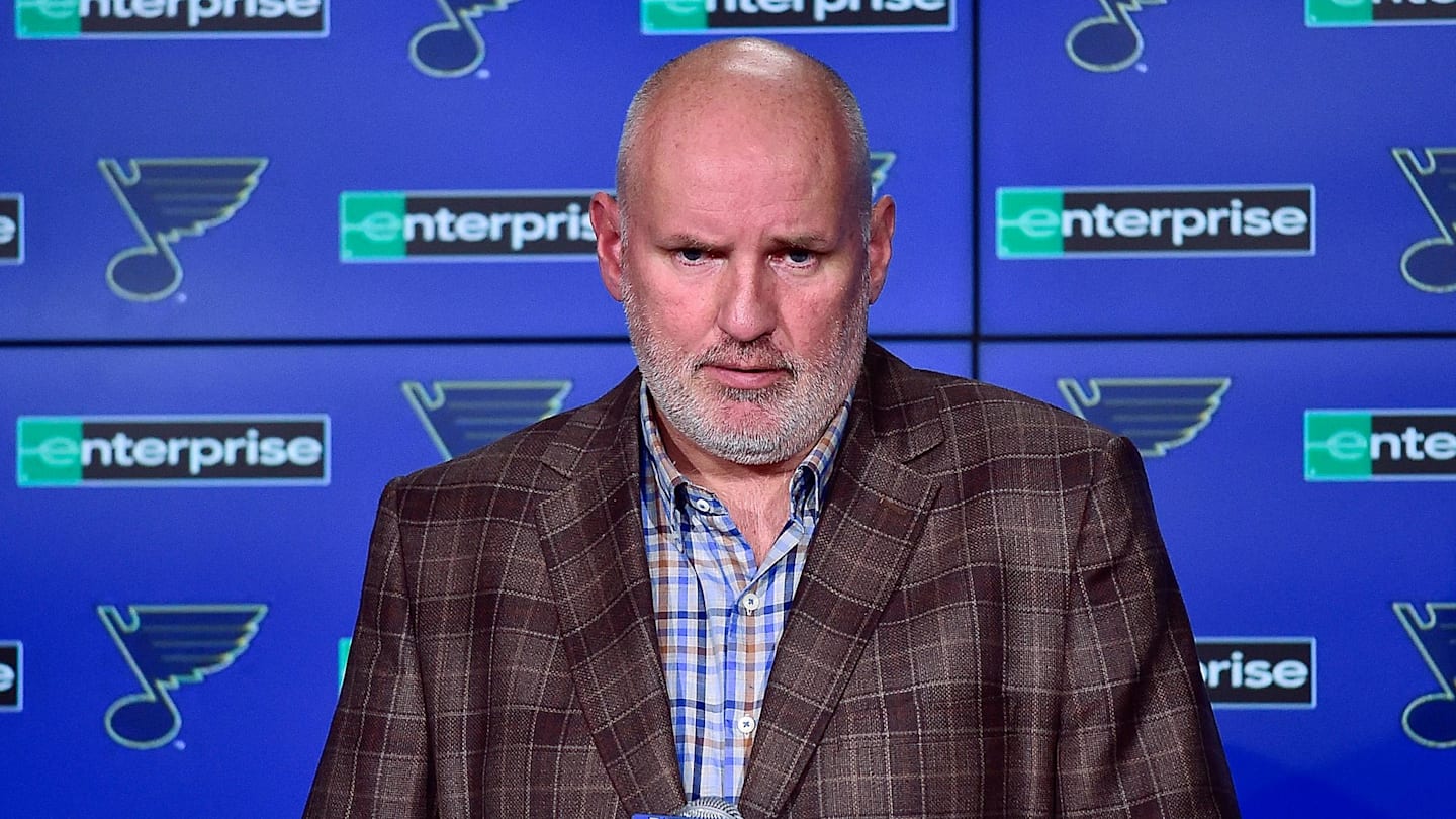 Feb 18, 2020; St. Louis, Missouri, USA;  St. Louis Blues general manager Doug Armstrong talks with the media about the acquisition of defenseman Marco Scandella from the Montreal Canadians prior to a game against the New Jersey Devils at Enterprise Center. Mandatory Credit: Jeff Curry-Imagn Images
