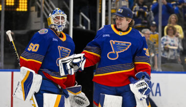 Mar 13, 2024; St. Louis, Missouri, USA;  St. Louis Blues goaltender Jordan Binnington (50) celebrates with goaltender Joel Hofer (30) after the Blues defeated the Los Angeles Kings at Enterprise Center. Mandatory Credit: Jeff Curry-Imagn Images