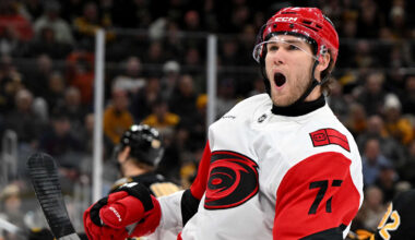 Nov 17, 2025; Boston, Massachusetts, USA; Carolina Hurricanes left wing Mark Jankowski (77) reacts after scoring a goal against the Boston Bruins during the second period at the TD Garden. Mandatory Credit: Brian Fluharty-Imagn Images