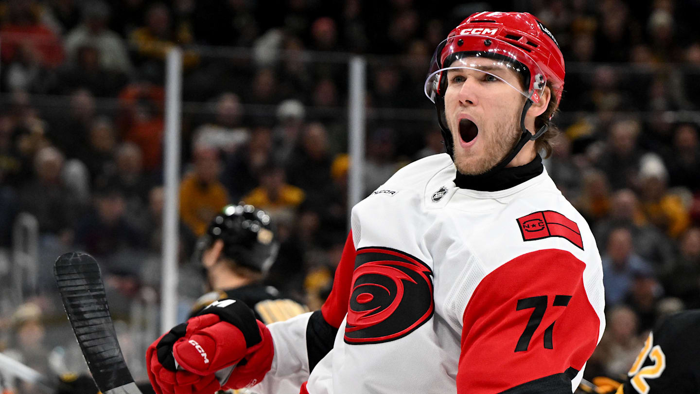 Nov 17, 2025; Boston, Massachusetts, USA; Carolina Hurricanes left wing Mark Jankowski (77) reacts after scoring a goal against the Boston Bruins during the second period at the TD Garden. Mandatory Credit: Brian Fluharty-Imagn Images
