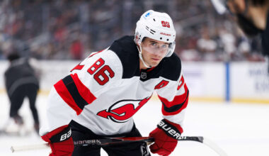 Jack Hughes during a stoppage of play in the Devils 4-1 victory against the Los Angeles Kings on November 1 at Crypto.com Arena.