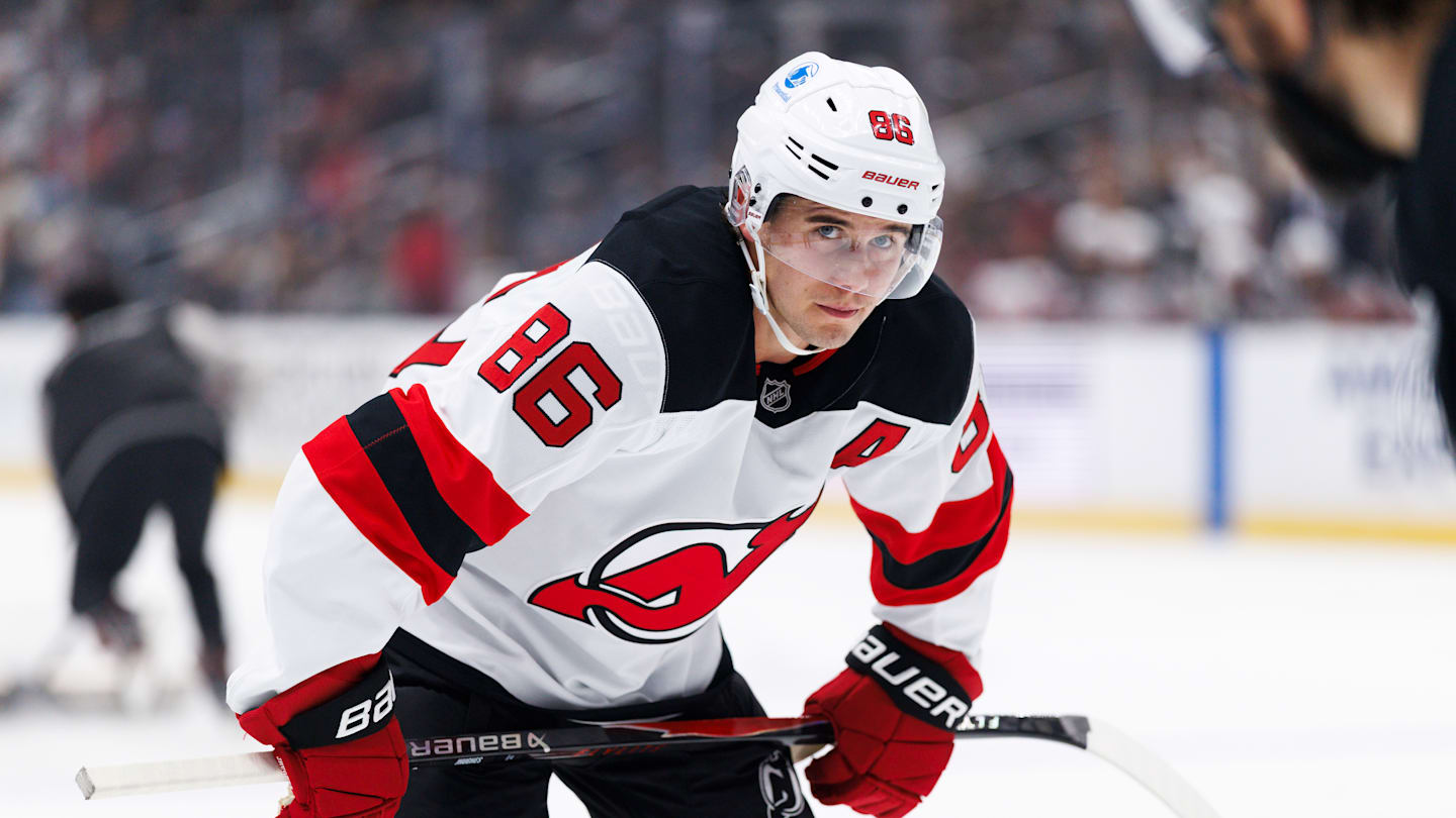 Jack Hughes during a stoppage of play in the Devils 4-1 victory against the Los Angeles Kings on November 1 at Crypto.com Arena.