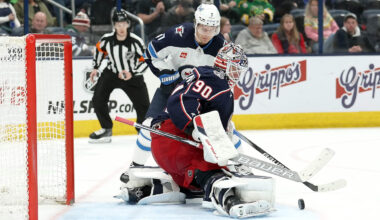 Blue Jackets goaltender Elvis Merzlikins makes a save against the Winnipeg Jets.