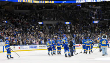 Apr 5, 2025; St. Louis, Missouri, USA;  St. Louis Blues salute their fans and celebrate after the Blues won their franchise record 12th straight win after a victory over the Colorado Avalanche at Enterprise Center. Mandatory Credit: Jeff Curry-Imagn Images