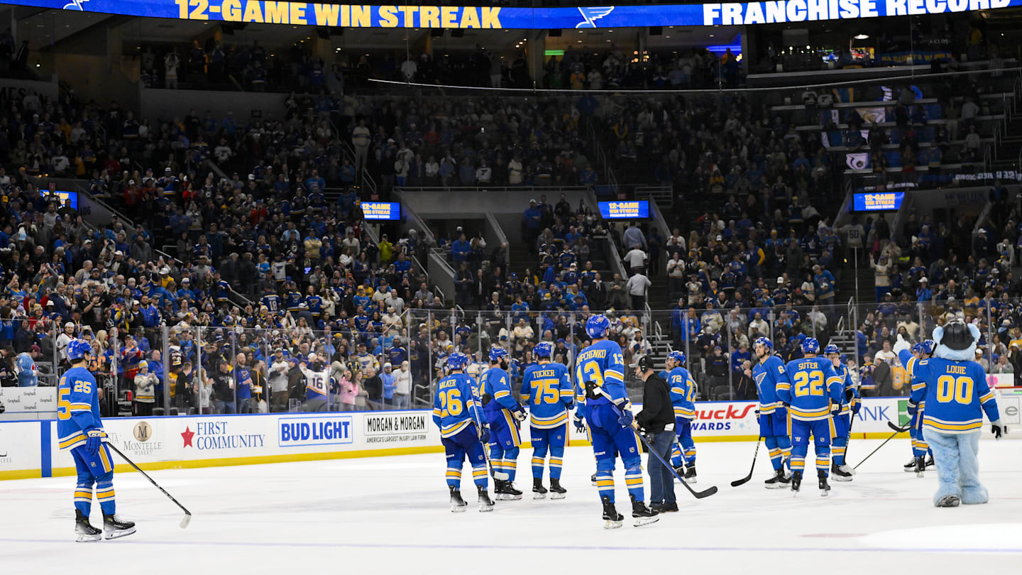 Apr 5, 2025; St. Louis, Missouri, USA;  St. Louis Blues salute their fans and celebrate after the Blues won their franchise record 12th straight win after a victory over the Colorado Avalanche at Enterprise Center. Mandatory Credit: Jeff Curry-Imagn Images
