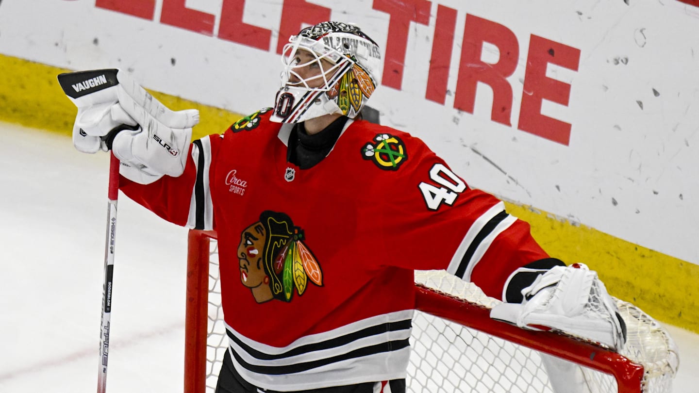 Mar 30, 2025; Chicago, Illinois, USA;  Chicago Blackhawks goaltender Arvid Soderblom (40) looks on after the Utah Hockey Club scored their fifth goal during the third period at United Center. Mandatory Credit: Matt Marton-Imagn Images