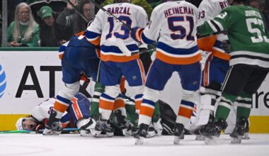 Nov 18, 2025; Dallas, Texas, USA; Dallas Stars right wing Mikko Rantanen (96) is called for a game misconduct penalty for boarding on New York Islanders defenseman Alexander Romanov (28) during the third period at the American Airlines Center. Mandatory Credit: Jerome Miron-Imagn Images