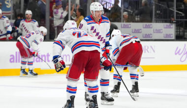 Nov 18, 2025; Las Vegas, Nevada, USA; New York Rangers left wing Artemi Panarin (10) reacts after the Vegas Golden Knights defeated the Rangers 3-2 at T-Mobile Arena. Mandatory Credit: Stephen R. Sylvanie-Imagn Images