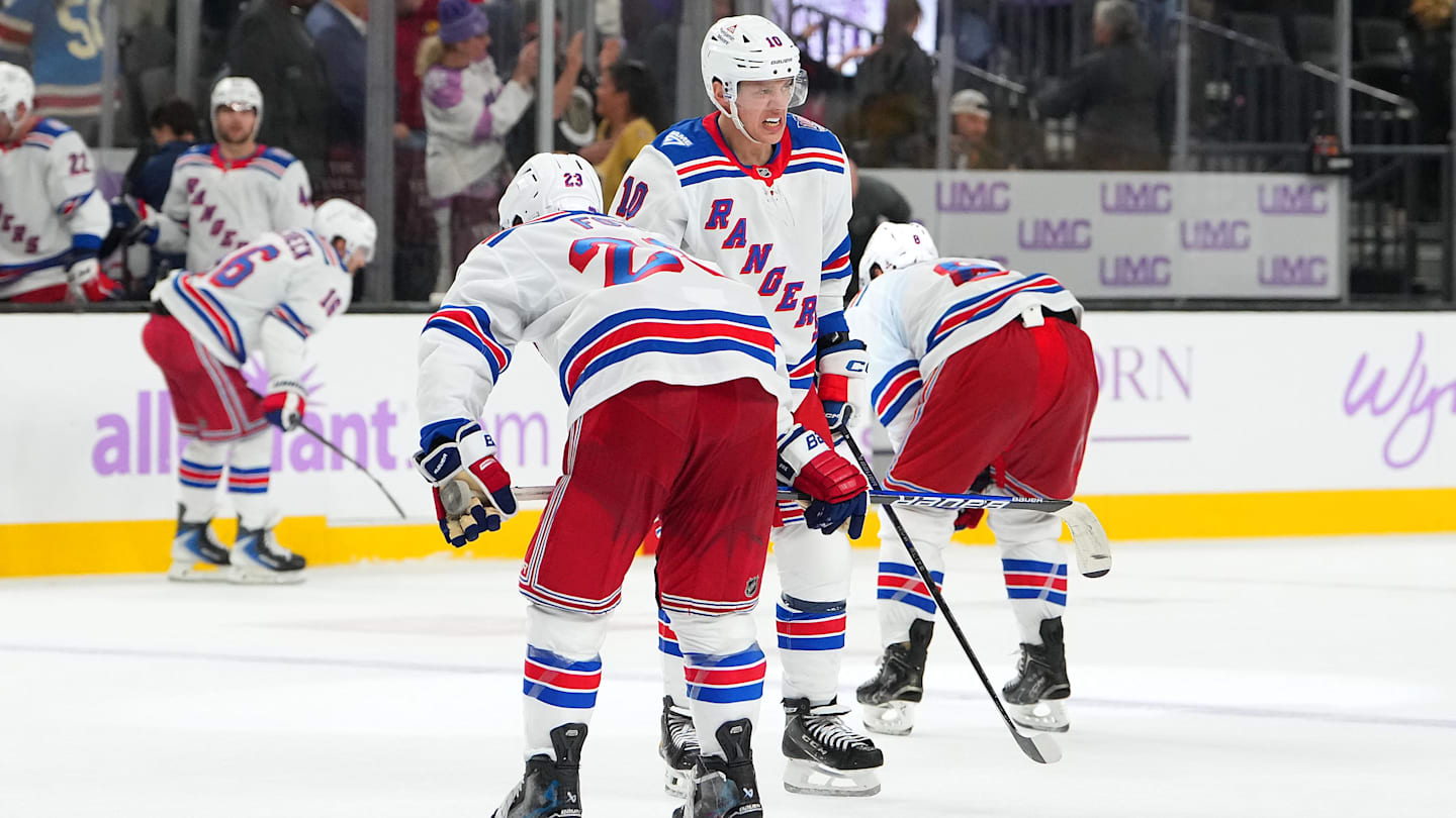 Nov 18, 2025; Las Vegas, Nevada, USA; New York Rangers left wing Artemi Panarin (10) reacts after the Vegas Golden Knights defeated the Rangers 3-2 at T-Mobile Arena. Mandatory Credit: Stephen R. Sylvanie-Imagn Images
