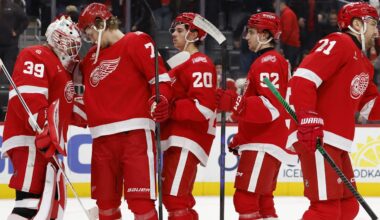 Nov 18, 2025; Detroit, Michigan, USA; Detroit Red Wings goaltender Cam Talbot (39) and defenseman Simon Edvinsson (77) celebrate defeating the Seattle Kraken at Little Caesars Arena. Mandatory Credit: Rick Osentoski-Imagn Images