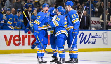 Nov 14, 2025; St. Louis, Missouri, USA; St. Louis Blues defenseman Cam Fowler (17) is congratulated by teammates after assisting on a goal by defenseman Justin Faulk (72) for his 500th career point in the NHL during the second period against the Philadelphia Flyers at Enterprise Center. Mandatory Credit: Jeff Curry-Imagn Images